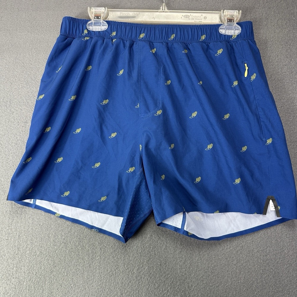 Rhone Mako Shorts Mens Medium Blue Gold Winged Foot Print Athletic Running Gym